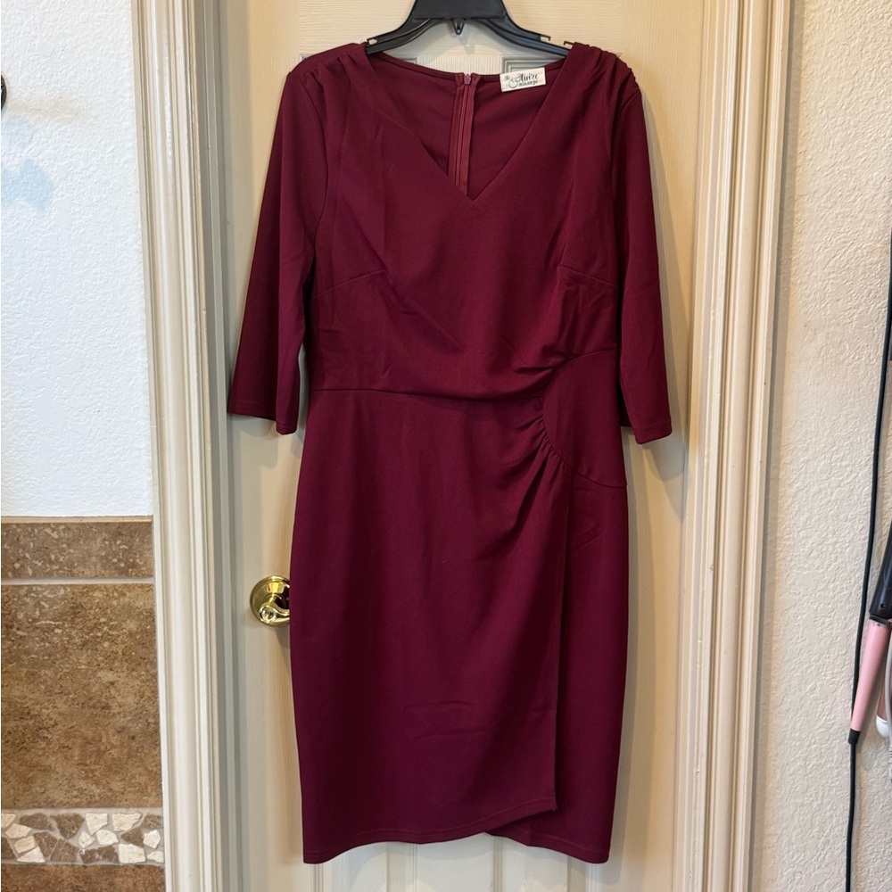 Multicolored Ruched Sheath Dress V-Neck 3/4 Sleeve